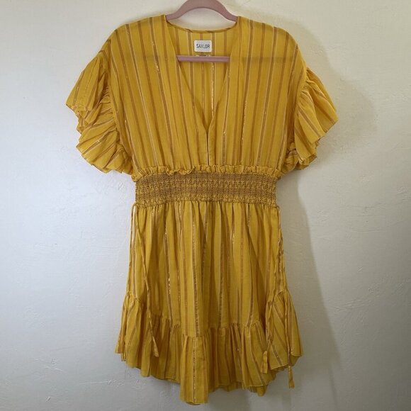 Saylor Adrianne Yellow Metallic Stripe Smocked V-Neck Mini Dress Size M - Picture 4 of 13